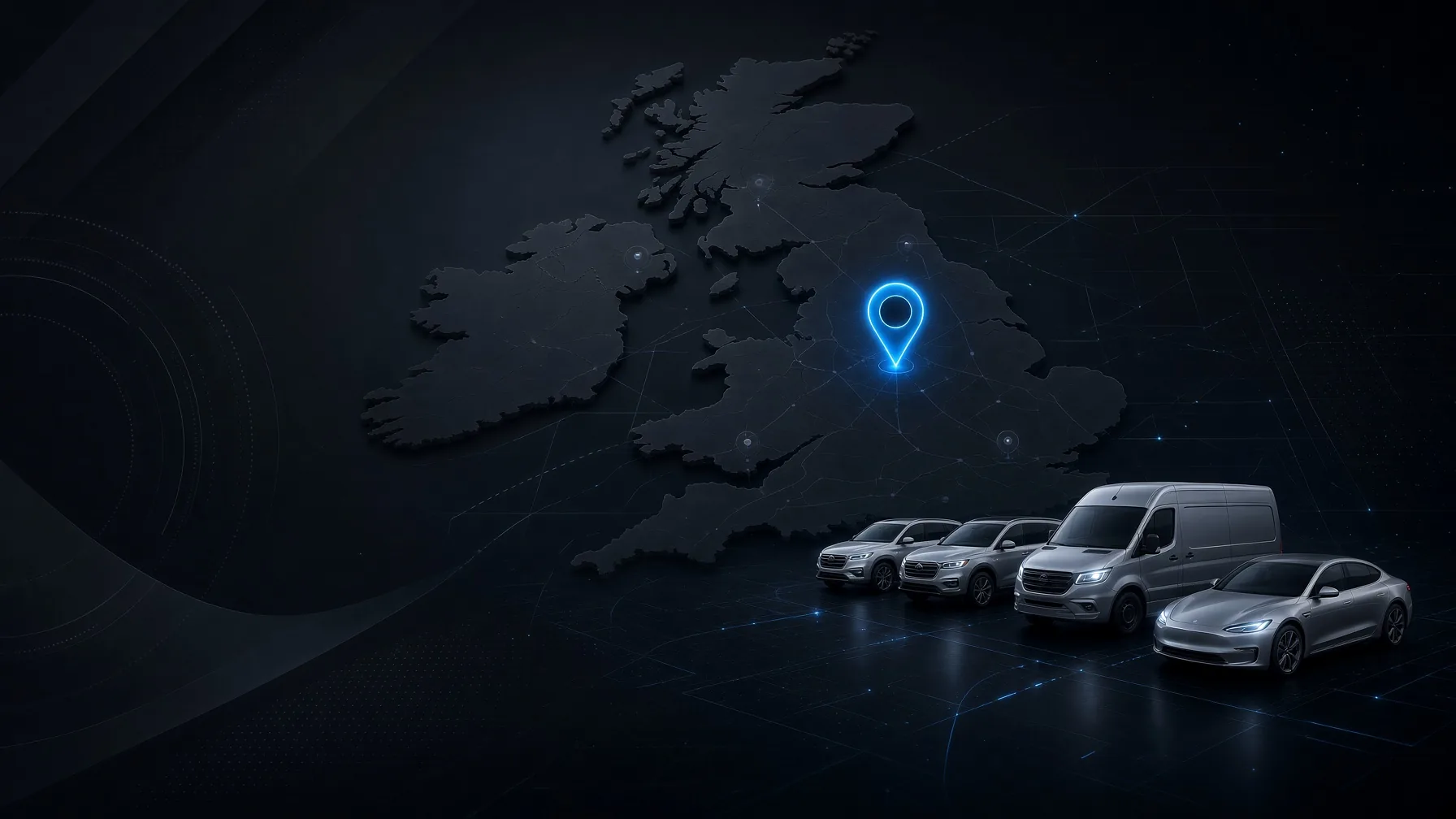 A dark map of the UK with a glowing blue location pin and a row of silver cars and a van