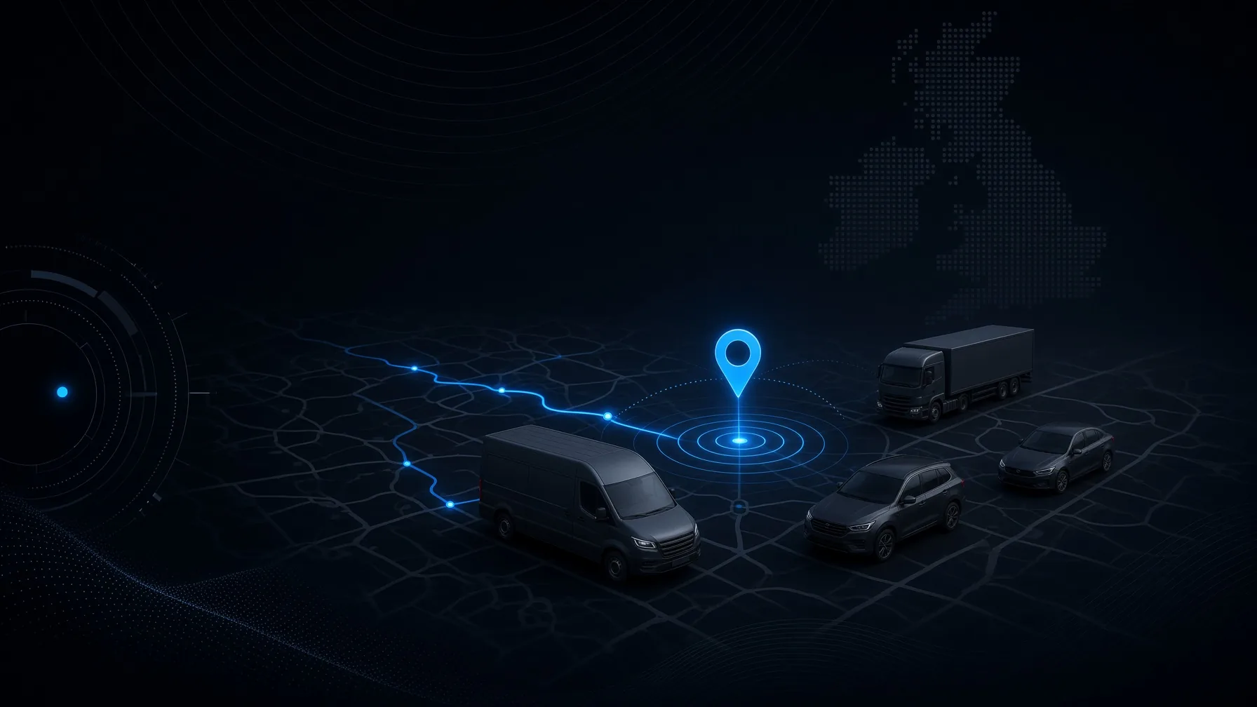 A dark map of the UK with a van, cars and a lorry around a glowing blue location pin